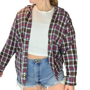 Granola Girl Outdoorsy Brown Red Flannel Plaid Button Down Shirt Medium